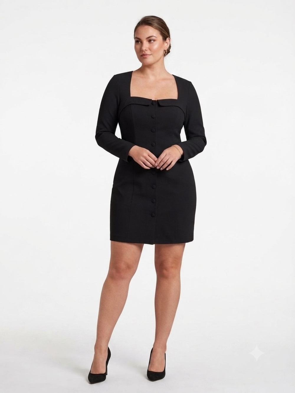 Adrianna Papell Black Button Front Long Sleeve Mini Sheath Dress LBD Size 14
